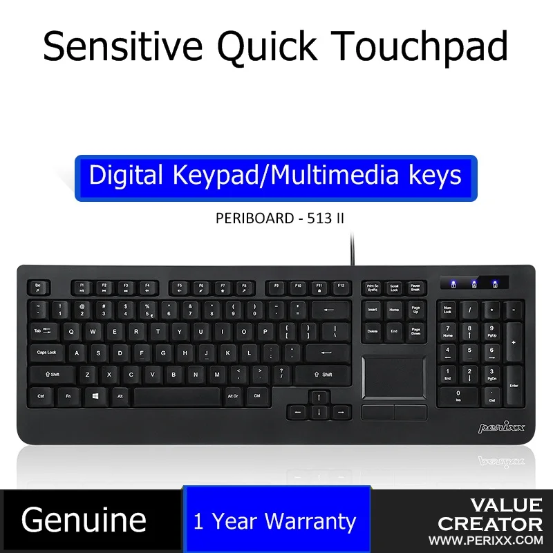 PERIXX PERIBOARD 513 USB Wired Touchpad Multimedia Keyboard Sensitive