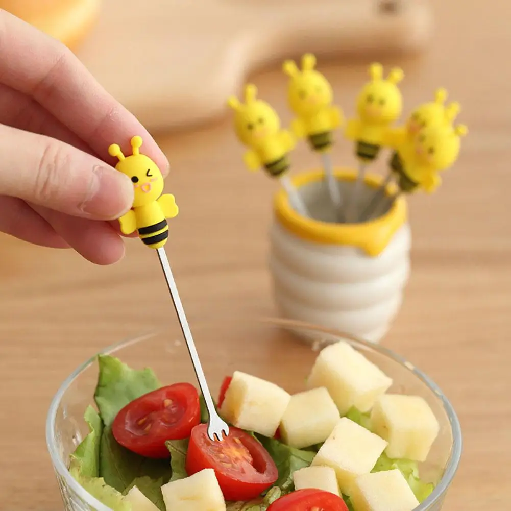 

30# 6Pcs/Set Cute Bee Fruit Forks Home Snack Cake Dessert Toothpicks Cutlery Tableware Home Supplies 2.76" x 2.76" x 3.3"