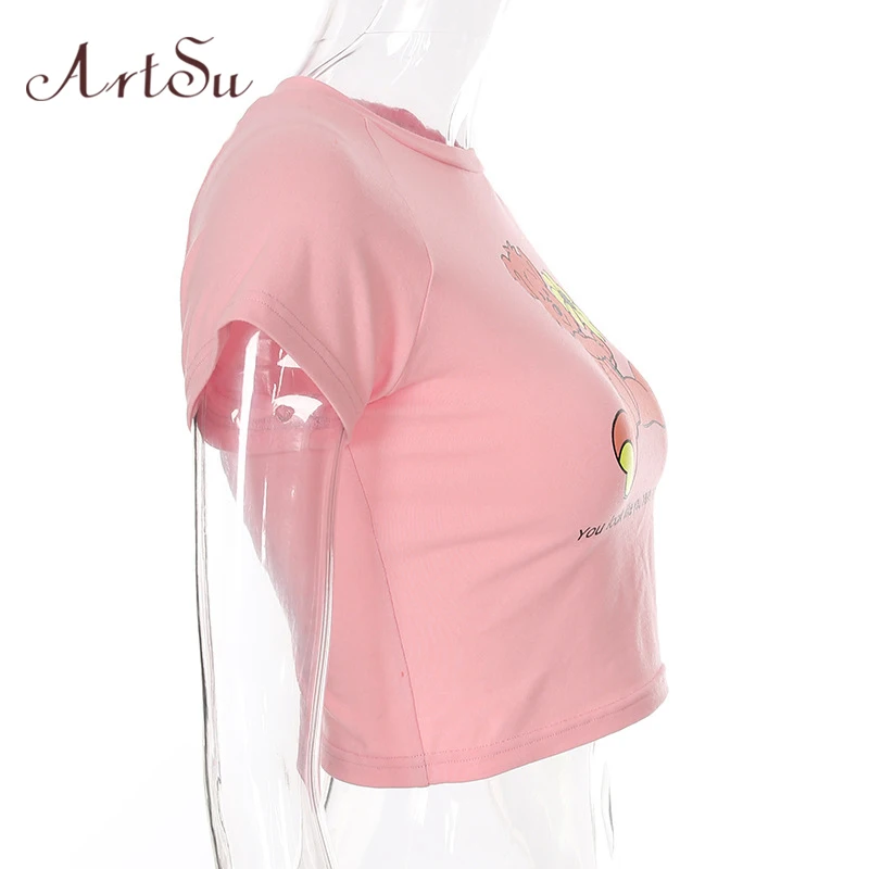ArtSu Kawaii Cartoon Pink Top Short Sleeve Crop Top Summer Casual Cute Women T shirt Tee Shirt Femm