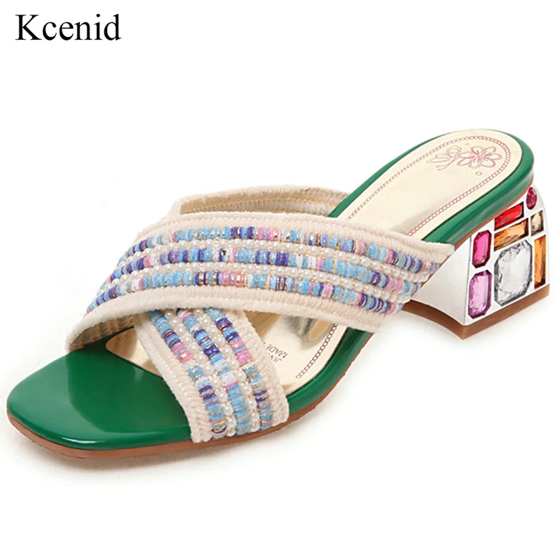 

Kcenid Womans slides colorful crystal heel fashion beads slippers women 2019 summer shoes high heels fashion shoes woman size 44