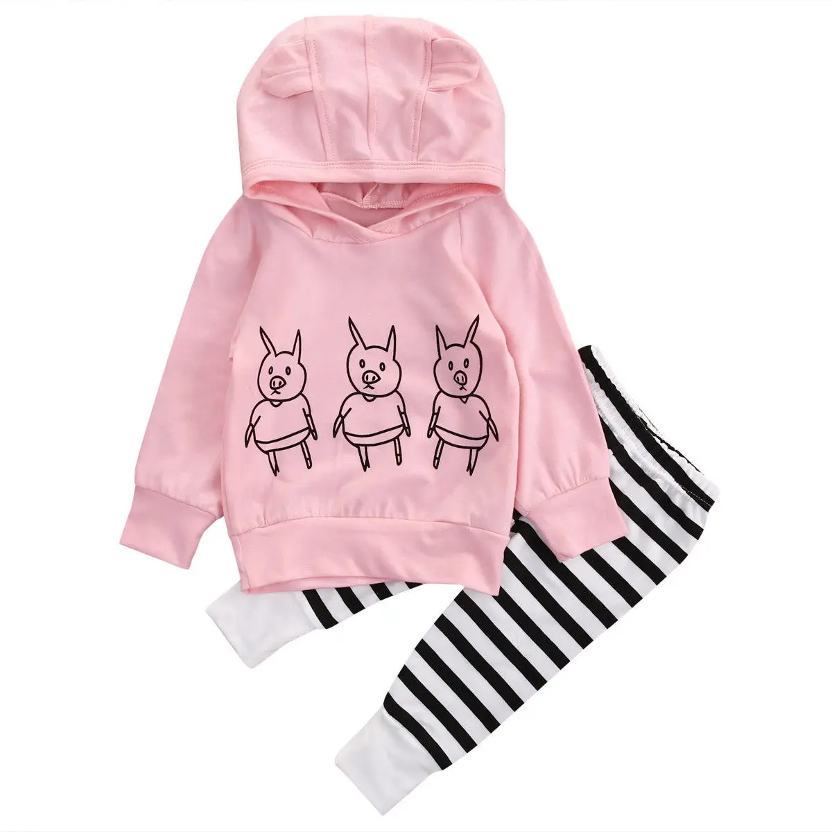 

Cute Newborn Baby Girl Kids Clothes Pig Long Sleeve Hoodie Sweatshirt Top+Striped Long Pants 2Pcs Outfits Set