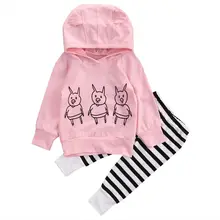 Cute Newborn Baby Girl Kids Clothes Pig Long Sleeve Hoodie Sweatshirt Top+Striped Long Pants 2Pcs Outfits Set