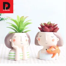 Dehomy Creative Flower Pots Unique Art Cutely Girl Shape Mini Resin Plant Pots For Office Table And Original Design Home Garden