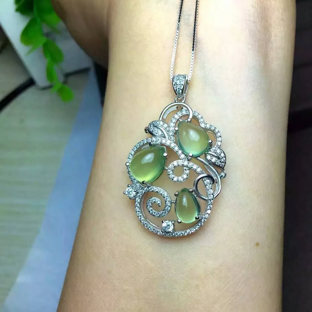 

natural green prehnite pendant S925 silver Natural gemstone Pendant Necklace trendy Elegant big branches women party jewelry