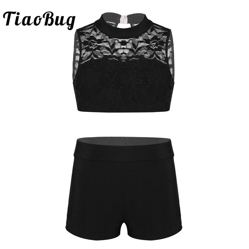 Kid Girls Dance Outfit Ballet Gym Leotard Lace Crop Top+Shorts Sport Fitness Set Kid Girls Dance Outfit Ballet Gym Leotard Lace Crop Top+Shorts Sport Fitness Set