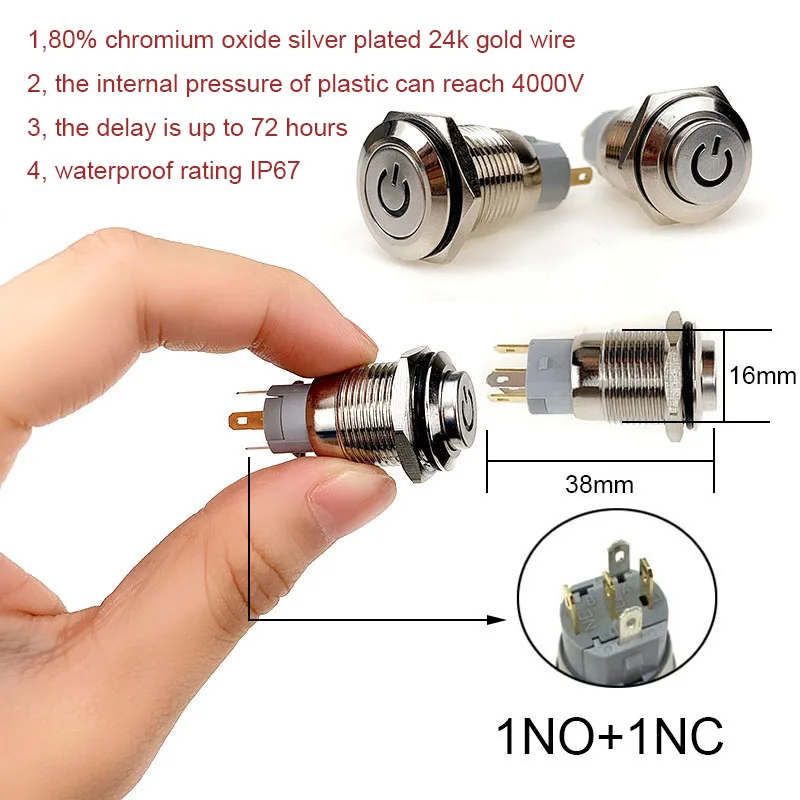 

16mm Metal button switch interlock push button light 3V 5V 6V 12V 24V 36V 48V 110V 220V waterproof Auto PC motor start 5 color