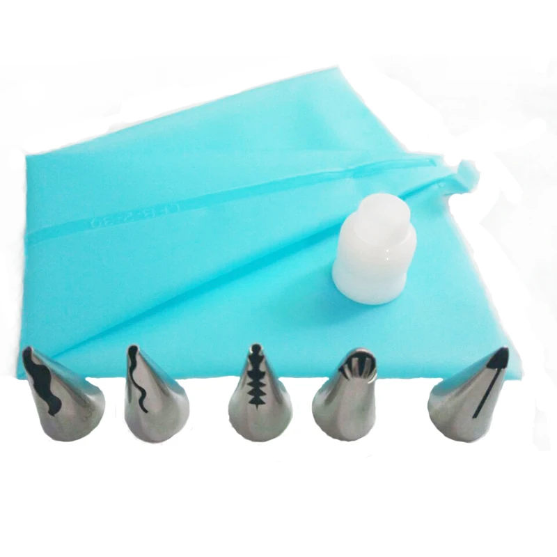 

Cake Cream Decorating Silicone Pastry Bag+5x Frills Stainless Steel Nozzles Tips Set Baking Tools