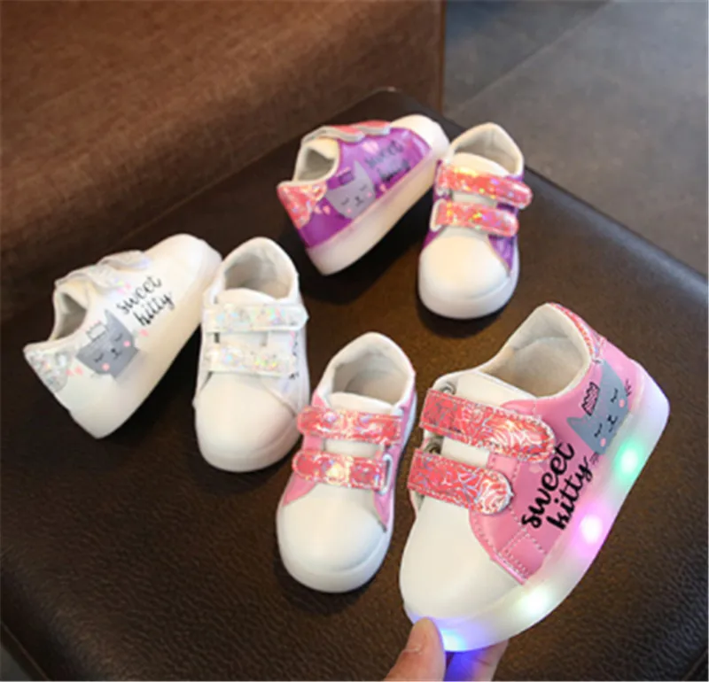 Модные детские кроссовки для девочек с рисунком кота, светящаяся обувь с подсветкой, обувь для маленьких девочек, размер 21-30