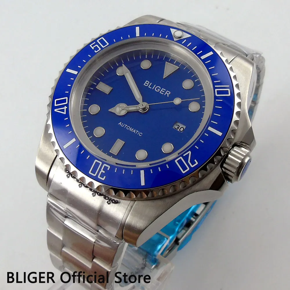 

BLIGER 44MM Blue Dial Blue Ceramic Bezel Solid Stainless Steel Case Luminous Marks Miyota Automatic Movement Men's Watch B17A