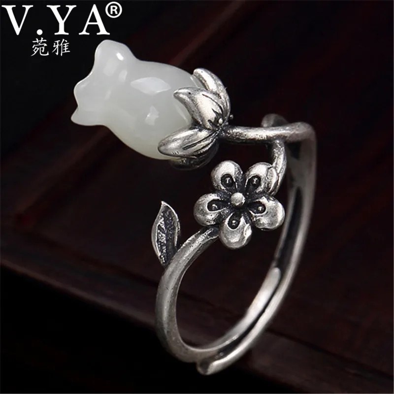 

V.YA 925 Sterling Silver Jewelry Magnolia Flower Ring for Women Adjustable Silver Semi-precious Stone Rings Female Gift