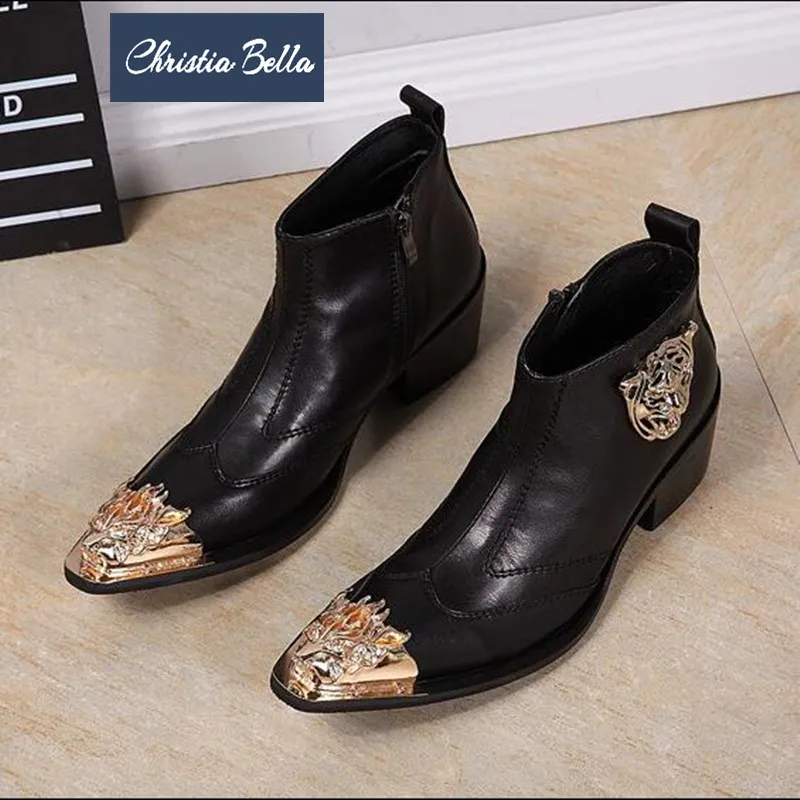 

Christia Bella Brand Plus Size Genuine Leather Men Boots Metal Charm Pointed Toe Dress Boots Fashion Male Cowboy Ankle Boots