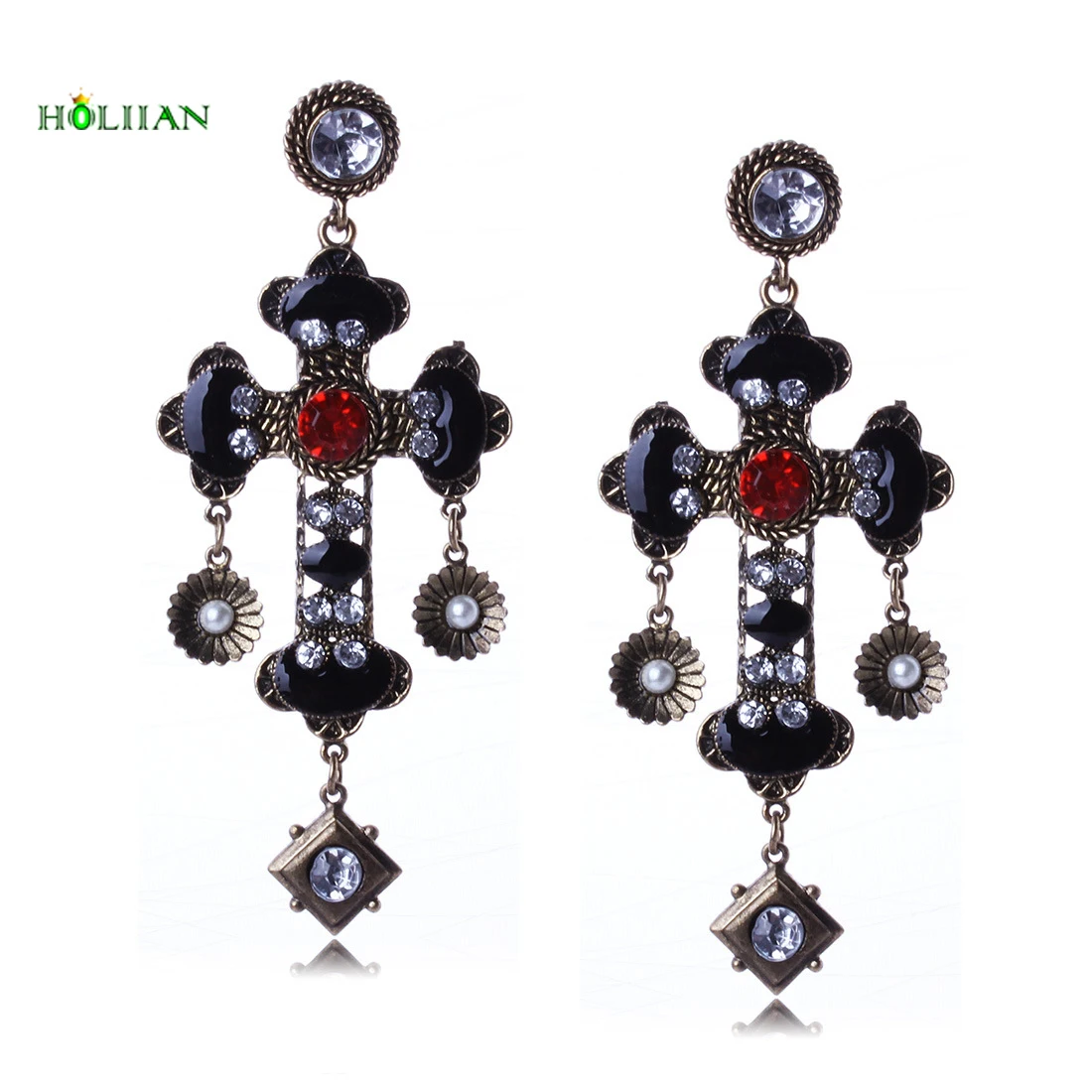 Серьги в стиле барокко с красным кристаллом и черной эмалью|earrings tribal|earrings earringpearl
