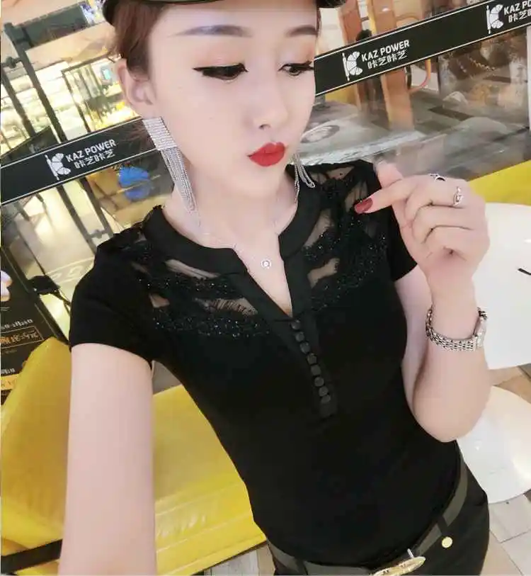 Корейская Сексуальная футболка с v-образным вырезом и открытой спиной Летняя женская футболка с коротким рукавом из прозрачного куска с бриллиантами T93909 - Цвет: Black tshirt