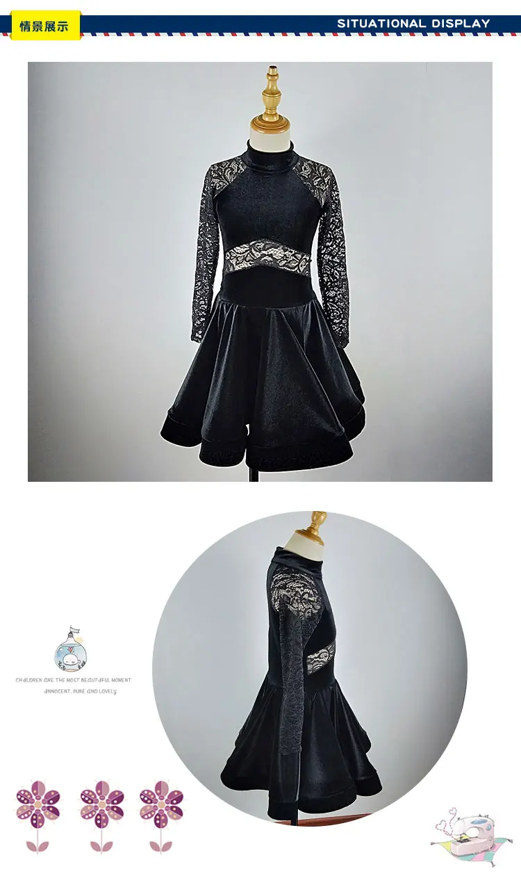 Платье для латинских танцев для девочек, облегающее черное платье для танго, сальсы, румбы, детская одежда для занятий танцами, кружевное бархатное платье, одежда для бальных танцев DC1457