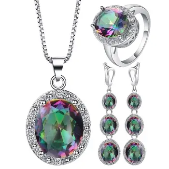 

4Pcs/Set Multicolor Inlaid Ring Earrings Pendant Necklace Jewelry