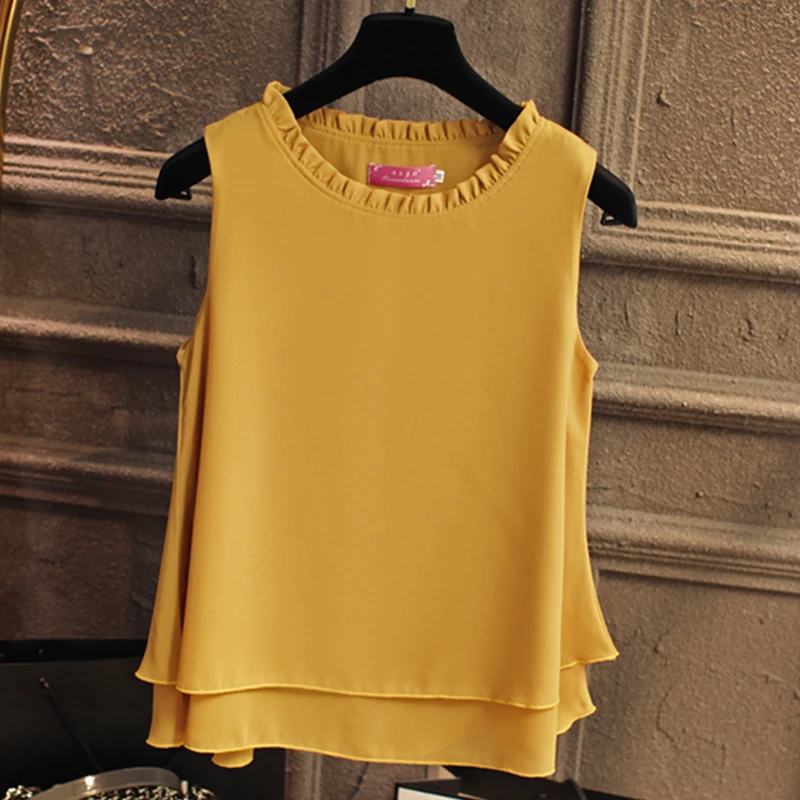Prix 2018 Été Nouveau Mode Double couche Femmes chemisier En Mousseline À Volants col blouses Lâche sans manches En Mousseline de Soie chemises, Livraison gratuite