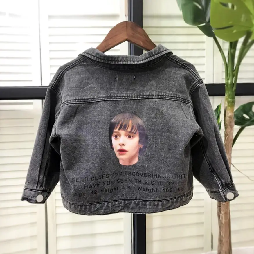 

Boys denim jacket 2019 Autumn new Holes character print children cute jean coat long sleeve casual outerwear modis jacket Y1671