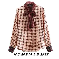 2019 Новый Осень геометрический плед печати рубашка Для женщин завязанный воротник шить Для женщин с длинным рукавом Блузка Мода женские