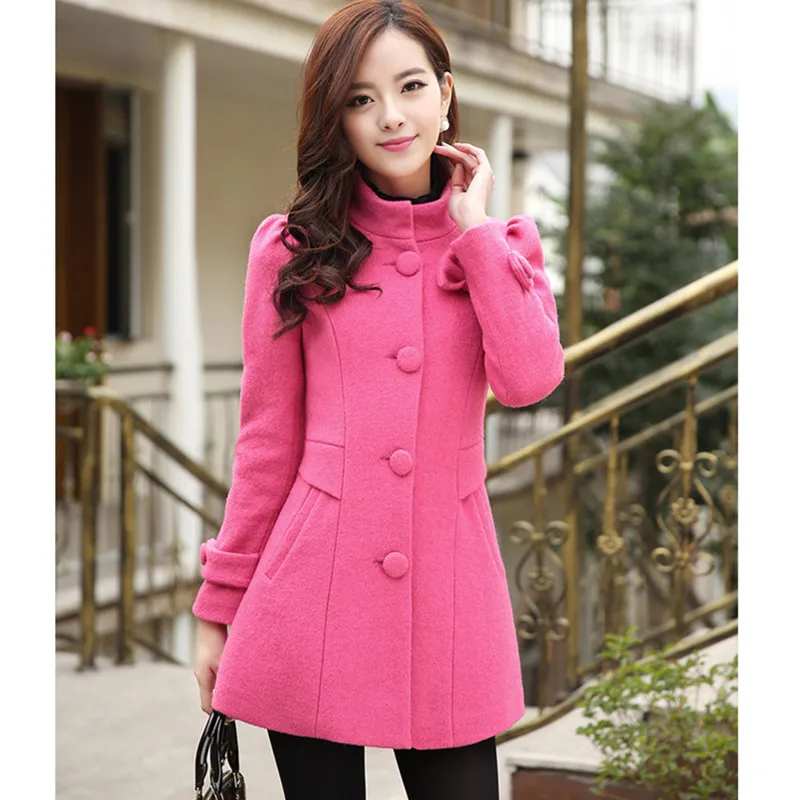 UHYTGF Модная тонкая женская шерстяная куртка новая зимняя верхняя одежда женское однобортное шерстяное пальто с воротником-стойкой и бантом 903 - Цвет: Honey red