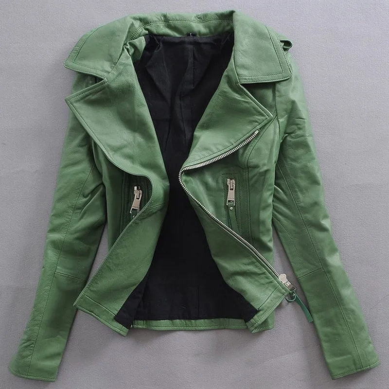 Весенняя тонкая натуральная кожа куртка женская натуральная овчина зеленая ветровая куртка с косым отворотом и молнией красная мотоциклетная куртка женская