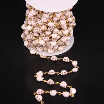 

6x8mm White Turquoises skulls bead Rosary Chain,Natural Turquoises With Gold plate Wire Wrapped Chains,DIY Halloween Crafts