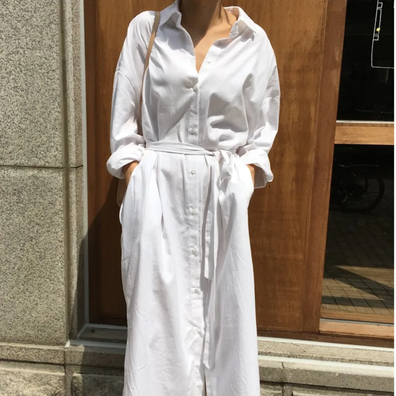 

Casual cotton Dress Women 2019 Autumn Spring New Arrivals Fashion Long Sleeve Button Shirt Dresses Ladies Long Dress With Belt