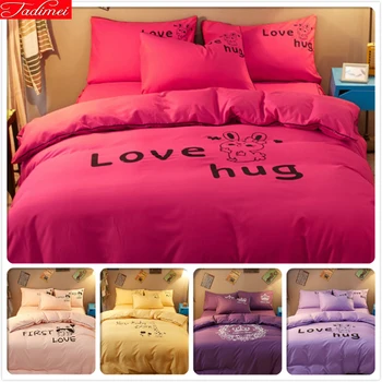 

Red Pink Yellow Purple Blue Color Love Hug Letter Print Cotton 4 pcs Bedding Set Kids Bedlinen 1.5m 1.8m 2m Duvet Cover Bedlinen