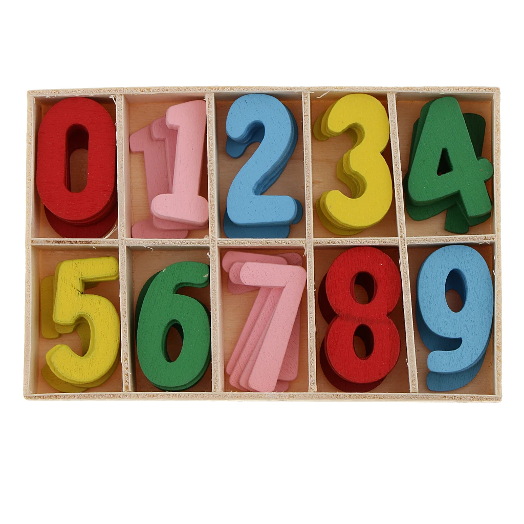 60pcs Colorful Mini Wood 0-9 Arabic Number Embellishment with Wood Storage Tray for Kids Educational Toys Games