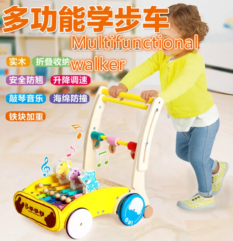 

Wooden multifunctional infant toddler Walkers walking trolley wooden child baby toy car