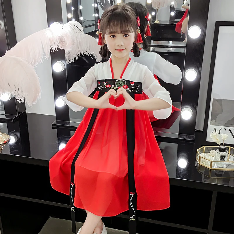 

2019 Han Chinese Clothing Baby Girl One Piece Dress Traditional Chinese Style Girl Dress White Color Dress 6-15Y