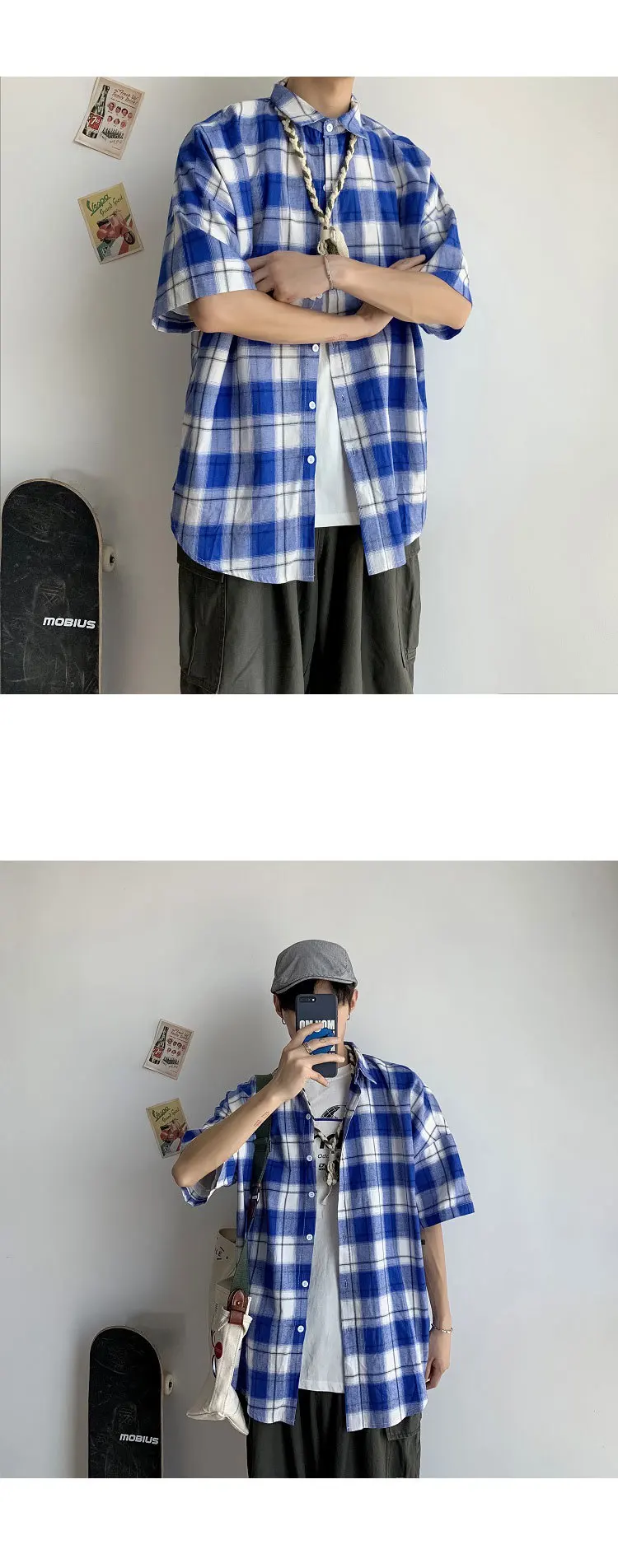 Летняя новая клетчатая рубашка Мужская модная повседневная рубашка Мужская Уличная трендовая Свободная рубашка с короткими рукавами в