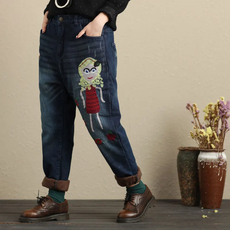 Женские утепленные джинсовые штаны-шаровары с подкладкой из искусственного флиса зимние джинсовые штаны с цветочной вышивкой брюки с эластичным поясом G101703