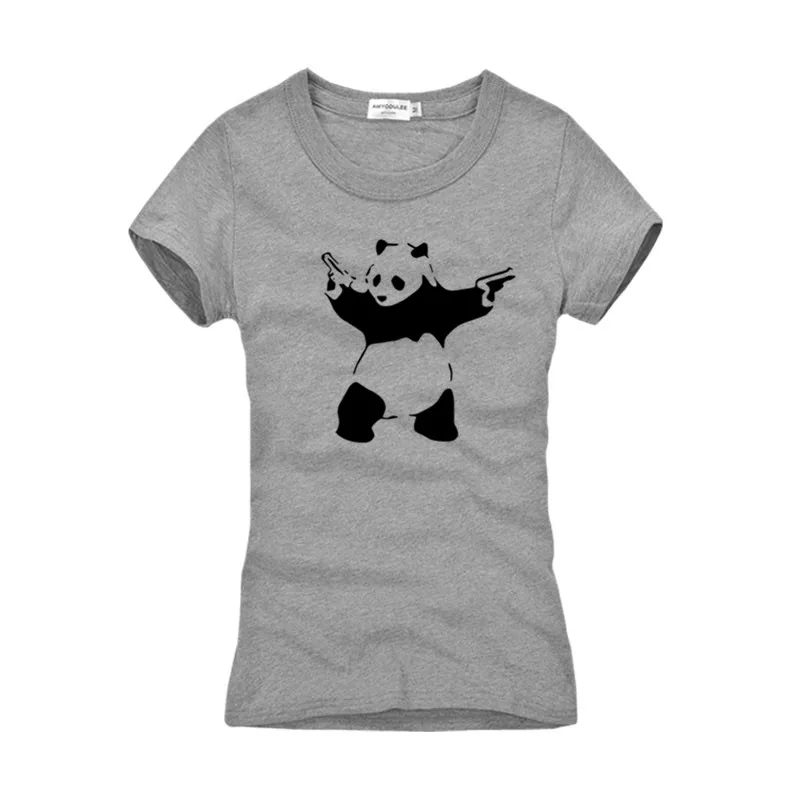

2018 Summer Latest Women Casual Cotton Short Sleeve T-shirts Cartoon Design Banksy Panda Guns Printed Lovely T Shirt Casual Tops