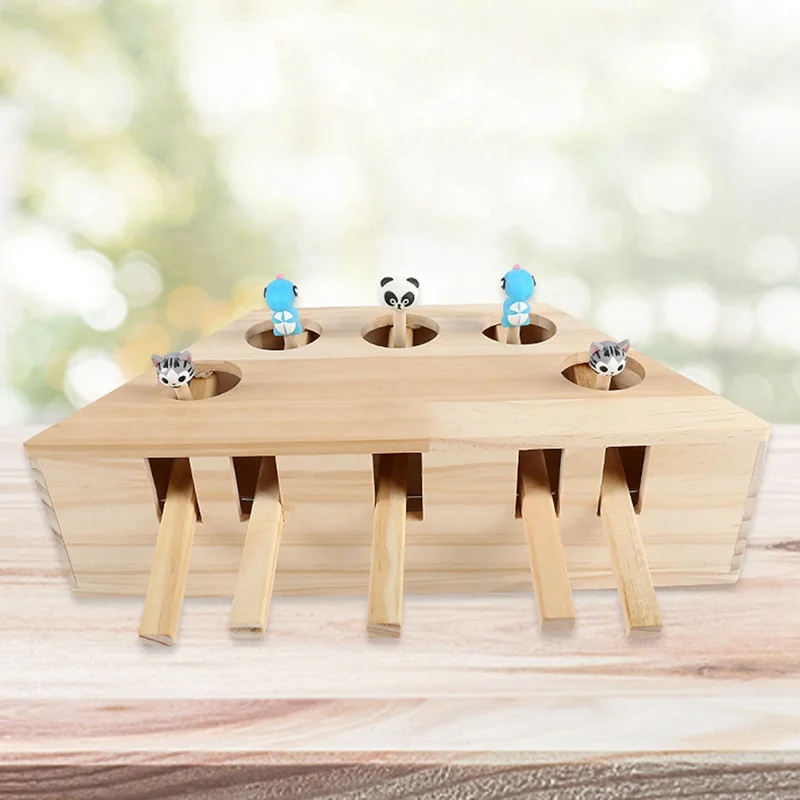 Cat Toy Chase Mouse Solid Wooden Interactive Maze Pet Hit Hamster With Five Holes Mouse Hole Catch Bite Catnip Funny Toy
