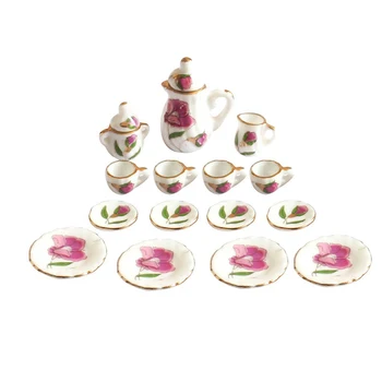 

ABWE Best Sale 15 Pieces 1/12 Dollhouse Miniature Peony Dining Ware Porcelain Tea Cup Set