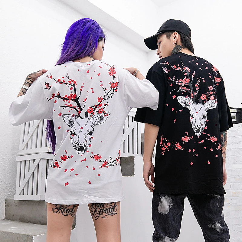 Японская уличная летняя модная вишня хлопковая Футболка с оленем мужские