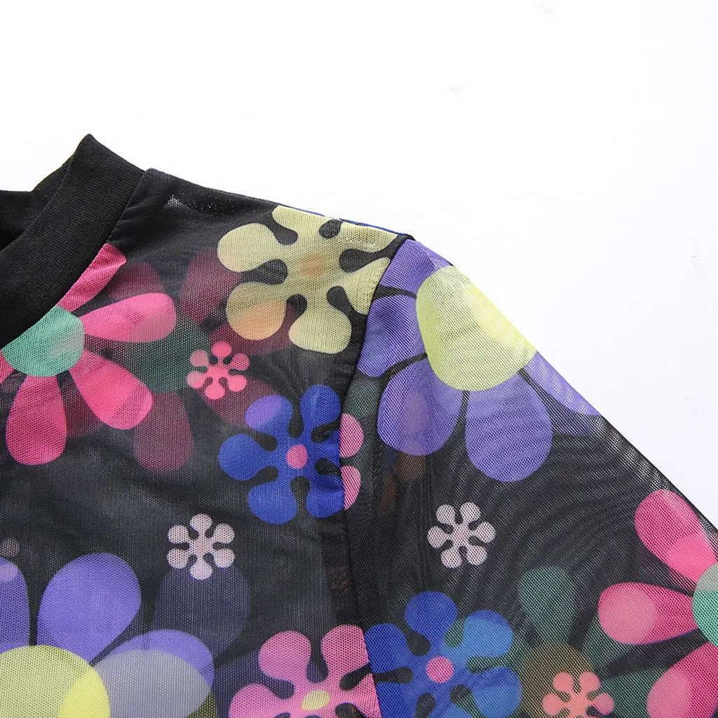Новое поступление весенние модные женские черные с круглым вырезом сетчатые прозрачные цветные цветочные принты с длинным рукавом укороченный топ короткая футболка
