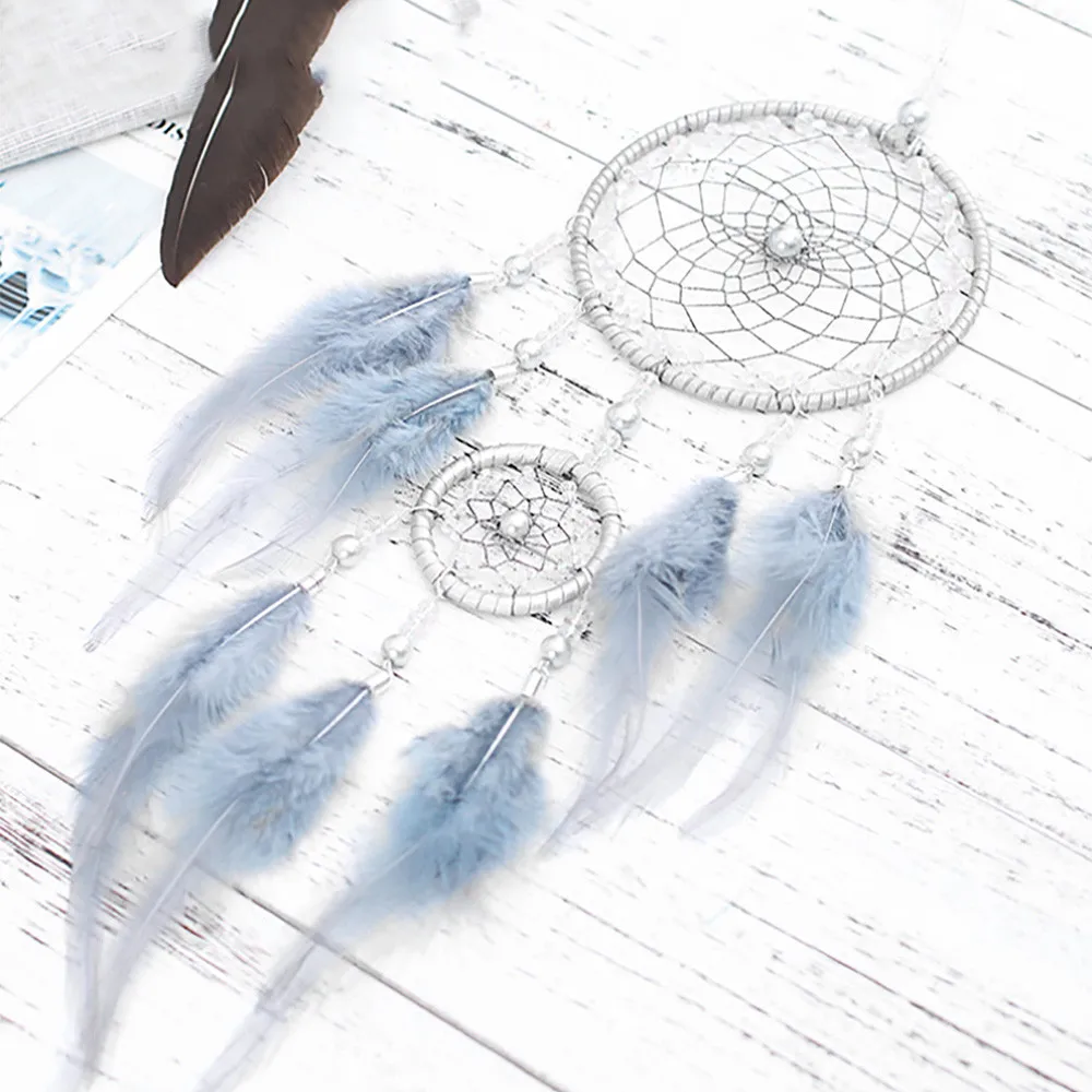 

Feather crafts light blue dream catcher wind chime handmade India net wall hanging car home decoration high quality hot sale M3