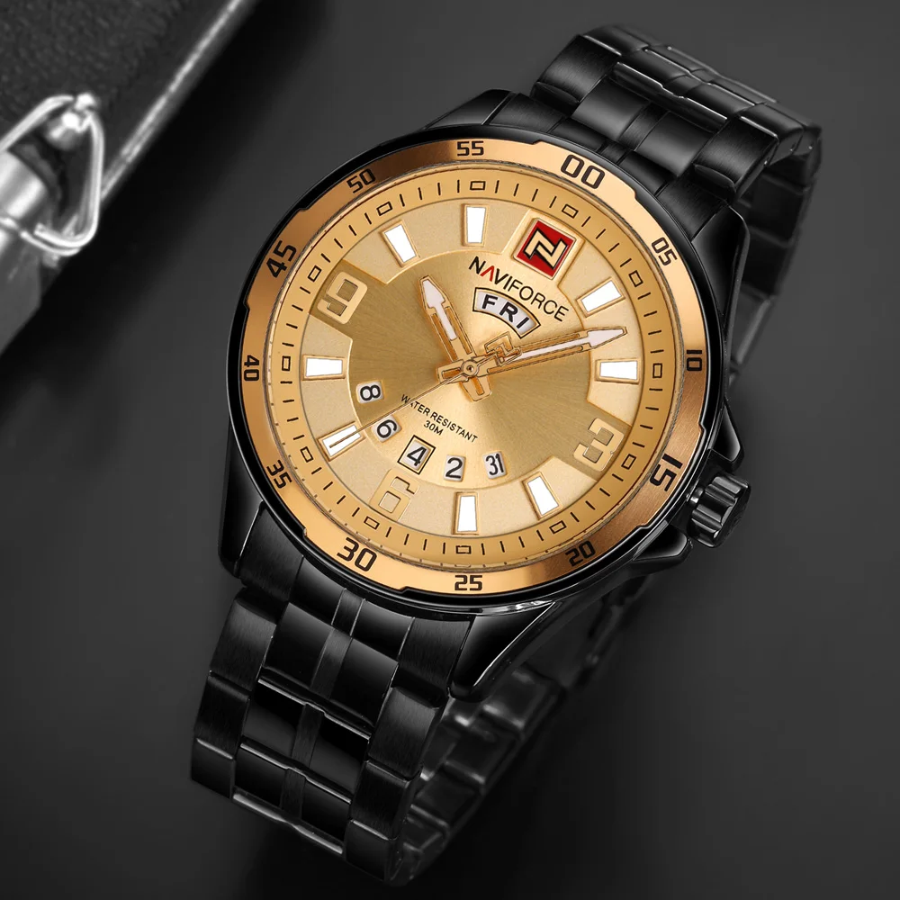 Мужские золотые часы Топ бренд Naviforce 9106 спортивные часы мужские водонепроницаемые полностью Стальные кварцевые армейские военные часы мужские Relogio Masculino