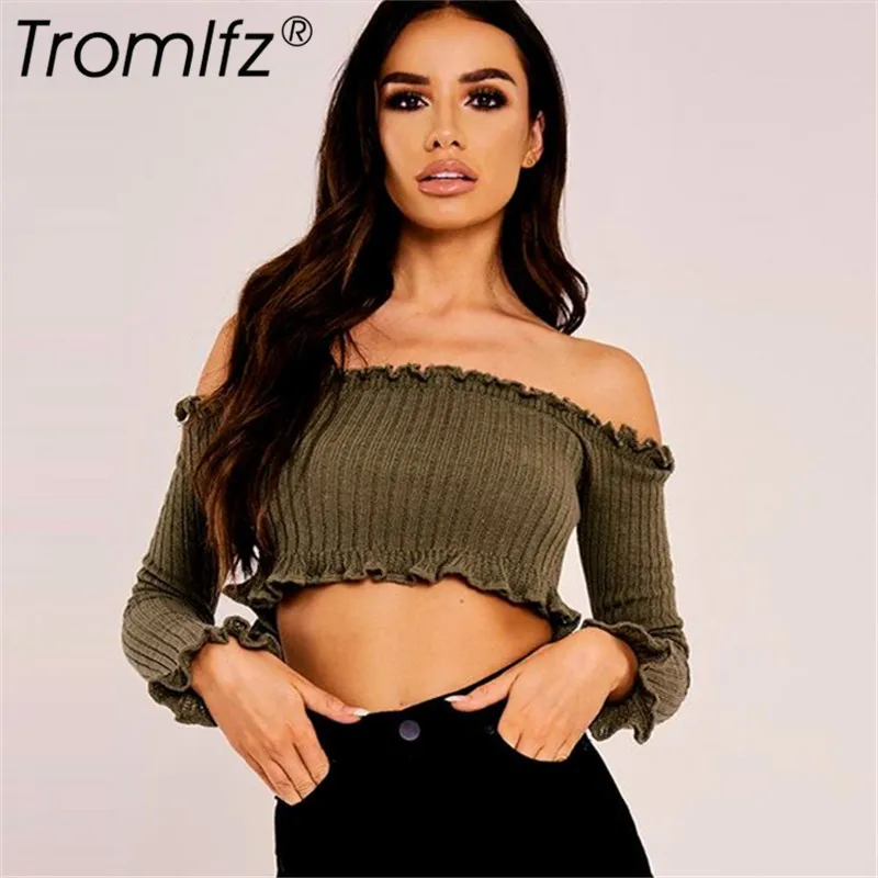 Tromlfz модные короткие топы женские с открытыми плечами длинным рукавом тонкие