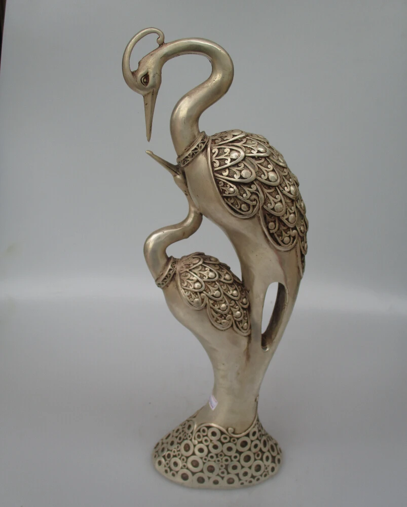 

Antique antiques Collectible Decorated Old Handwork Tibet Silver Carved Double-Crane Statue/Happiness Birds Big Sculpture