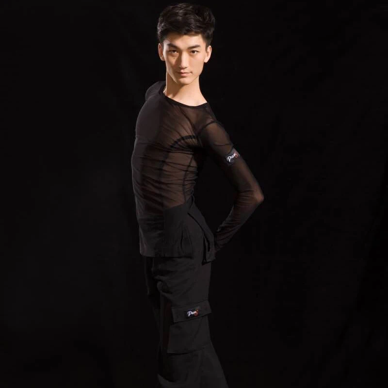 

Summer Cool Latin Shirt Men Black Gauze T Shirts Men Adult Dance Costumes Modern Rumba Chacha Latin Ballroom Dance Dress BL1307