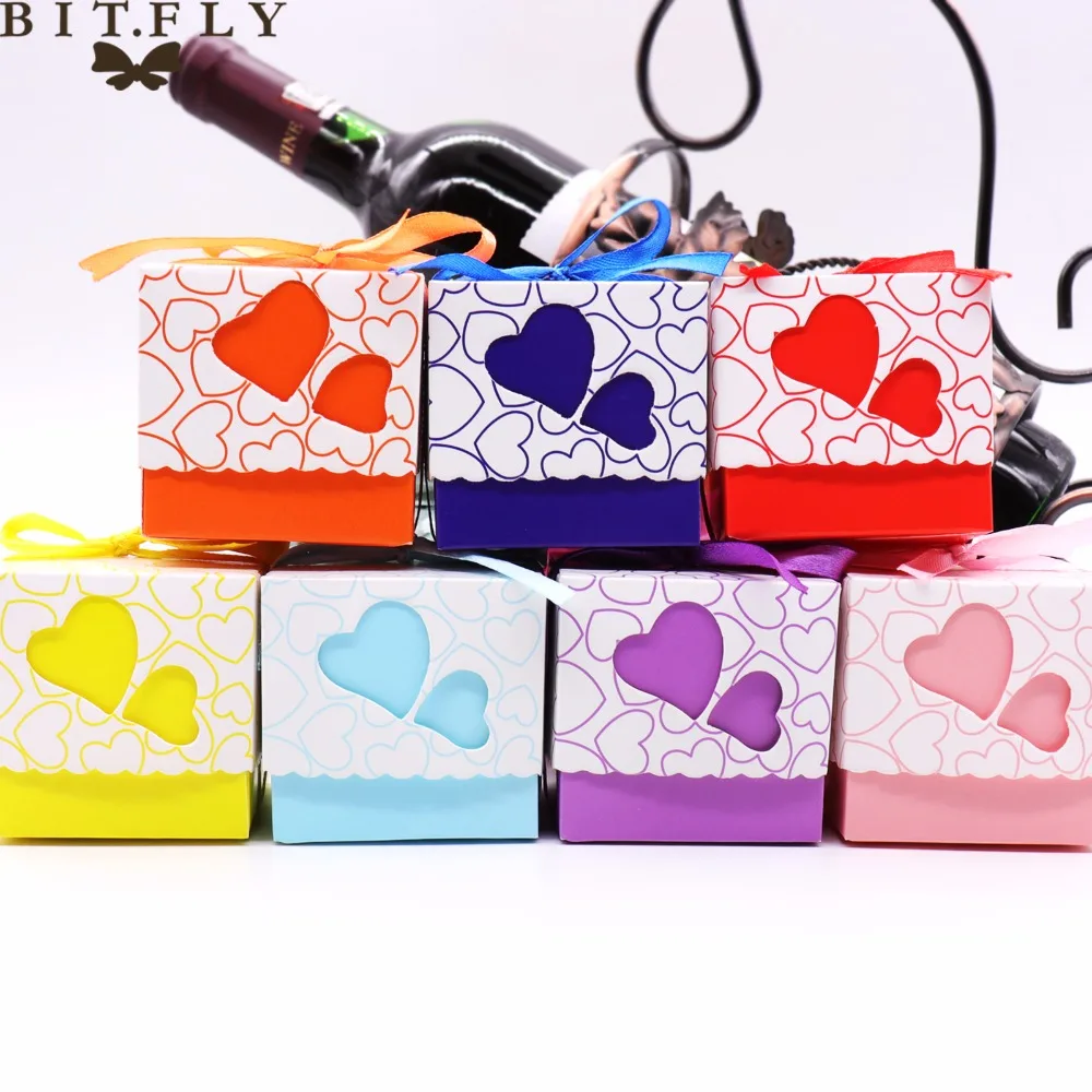 

50pcs Wedding Candy Boxes Double Hollow Love Heart Design Laser Cut Wedding Party Favor Gifts Candy Bags With Ribbon Party Sup