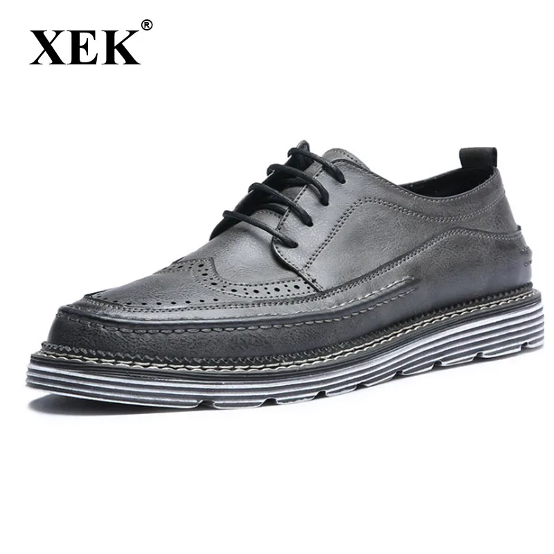 

XEK Men Dress Flats British Style Brogue Shoes Man Vintage Split Leather Increasing Platform Shoes ZLL177