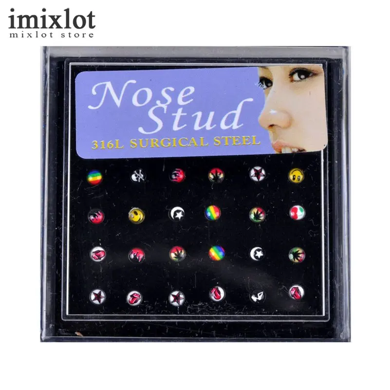 

24Pcs/Set Nose Ring Fashion Body Jewelry Nose Studs Stainless Surgical Steel Nose Piercing Acrylic Stud Ring for Women Gift