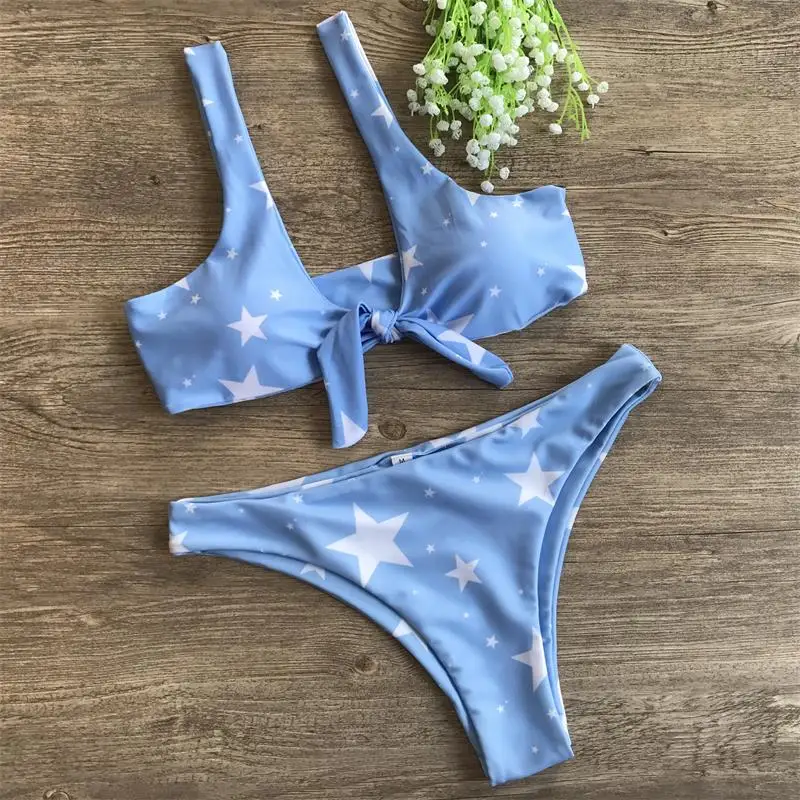 

mayo Sexy Thong Stars print Bikinis Swimwear 2018 new Push Up Brazilian Bikini Set Women Bathing Suits low Waist Split Swimsuit
