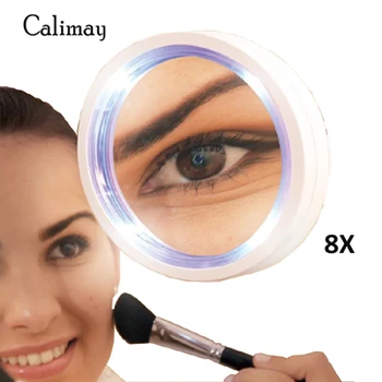 

Portable 8x Magnifying Glass Led Makeup Mirror With 6 LED Lights With Lighted Edge Locking suction cup