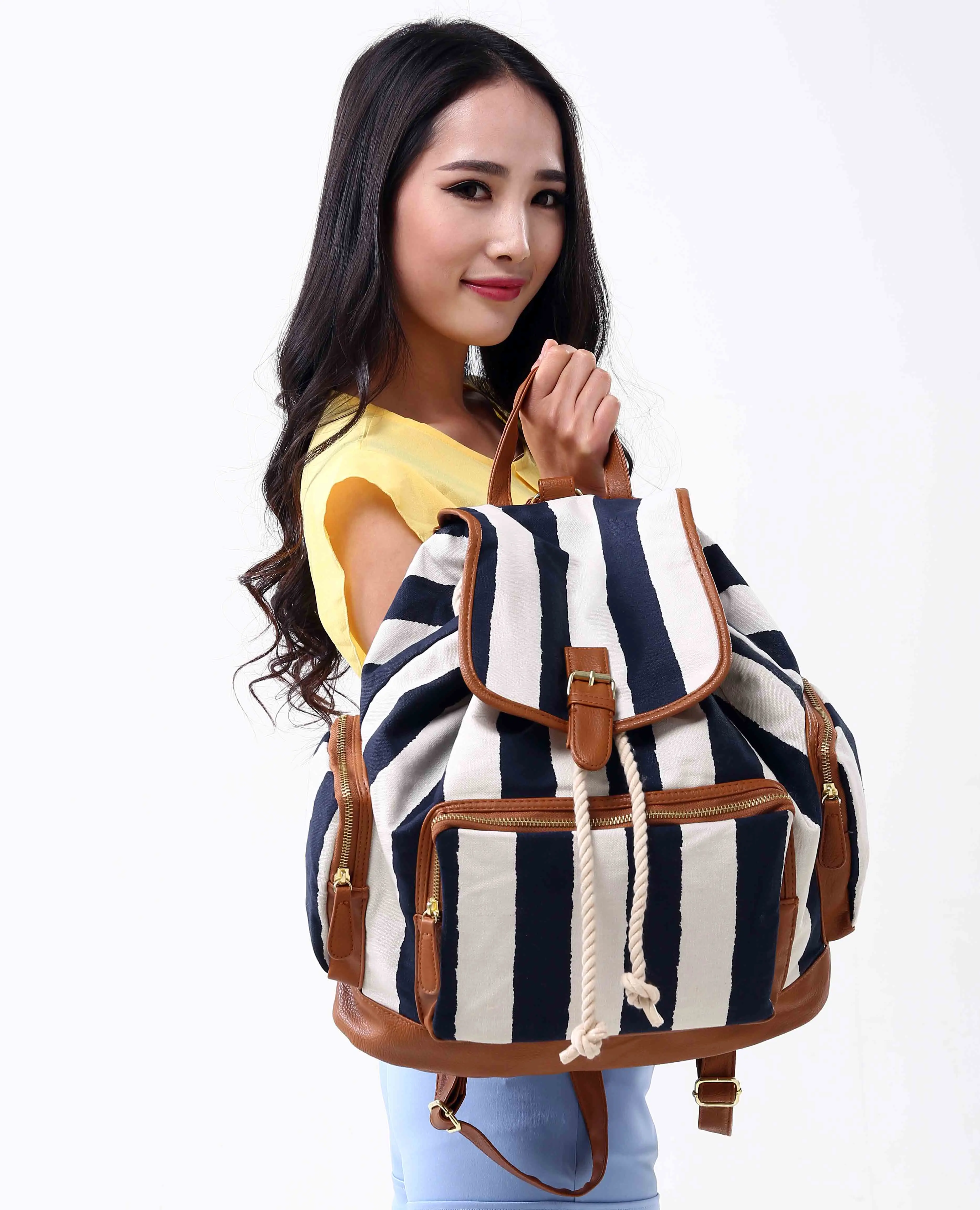 

Striped Canvas Multi-pocket College Style Portable Small Backpack