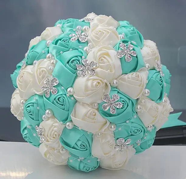 JaneVini Royal Blue and White Wedding Bouquet Diamond Fleur Satin Luxury Beaded Bridal Flowers Ribbon Rose Crystal Bouquet - Цвет: Tiffany and Beige