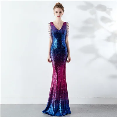 Robe De Soiree, новое вечернее платье русалки, длинное, цветное, с v-образным вырезом, украшенное бисером, с блестками, сексуальное, выпускной вечер, вечерние платья, Формальные платья - Цвет: Blue red blue